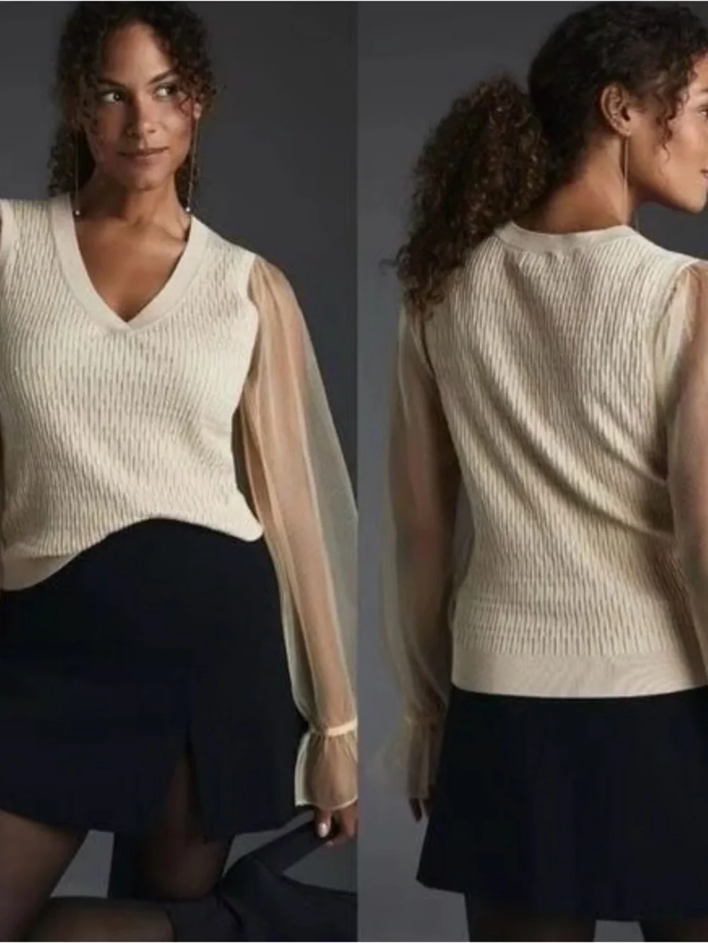 Anthropologie Cream V-Neck Sweater with Sheer Puff Sleeves